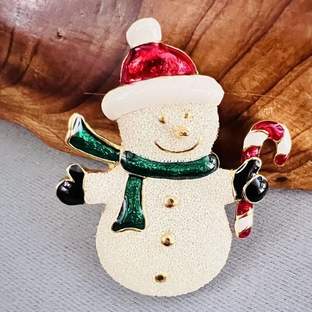 Vintage SFJ Christmas Snowman Brooch White Red Green Enamel Candy Cane Pin 4335